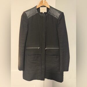 Maje Black Textured Collarless Trench Coat with Leather-Trim Shoulders